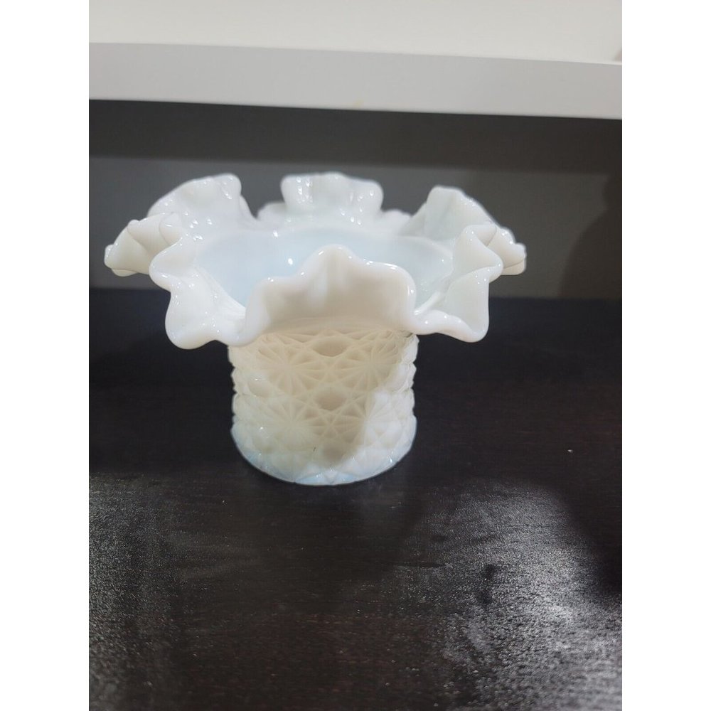 Vintage Milk Glass Top Hat Vase Button & Daisy Pattern Ruffled Rim 4"